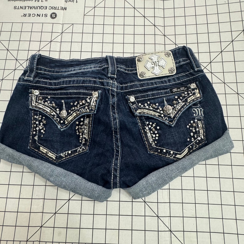 Miss Me Signature Bermuda Dark Wash Embellished Denim Shorts Size 29 Studded